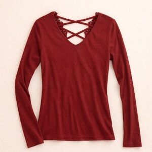 Kismet Dark Red Long Sleeve knit Top - Currant Color Lacey Long Sleeves Shirt